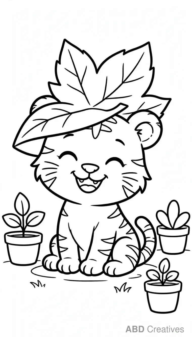 Tiger Cub Wearing a Leaf Hat Coloring Page