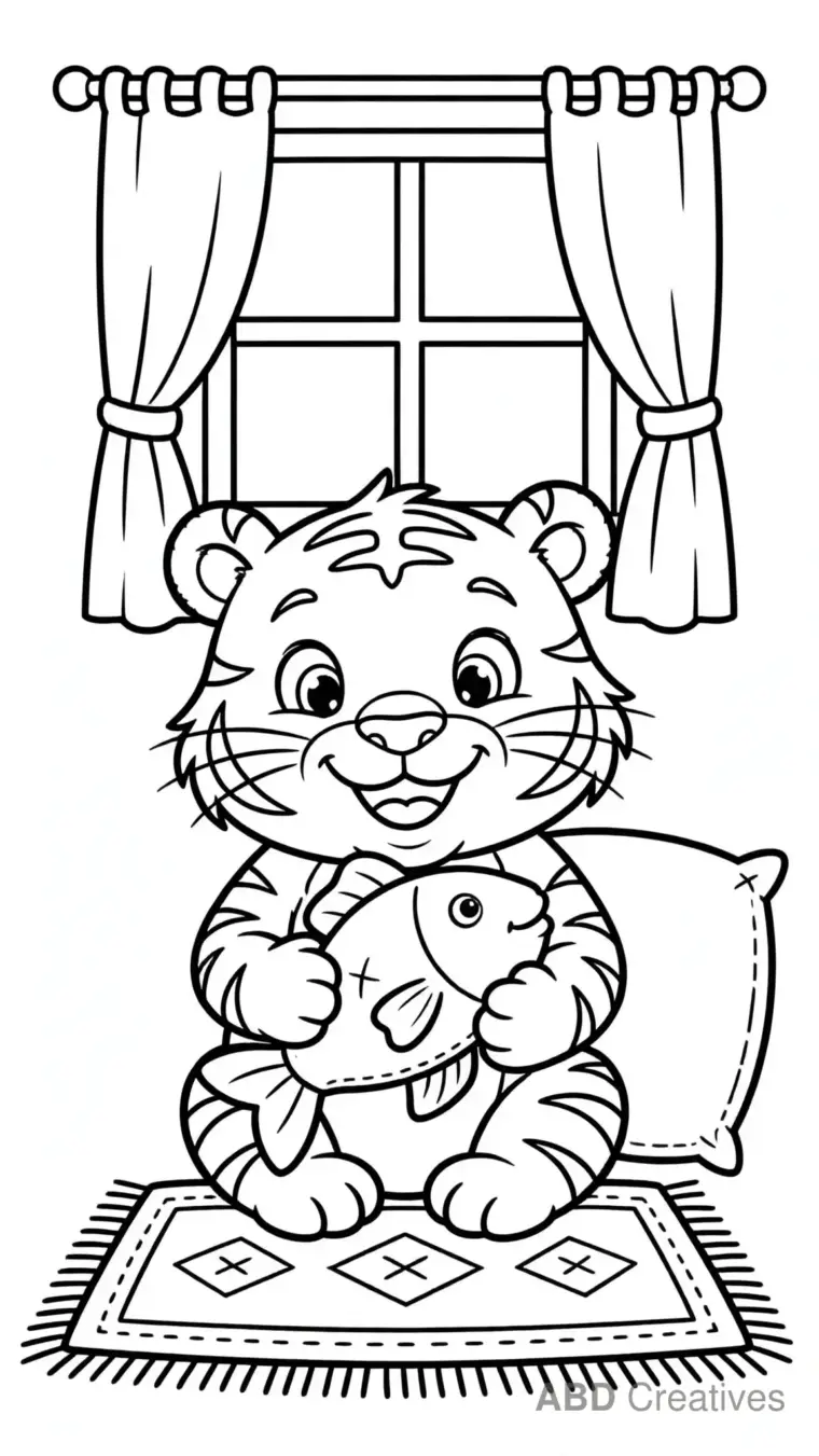 Tiger Cub with a Toy Fish Coloring Page