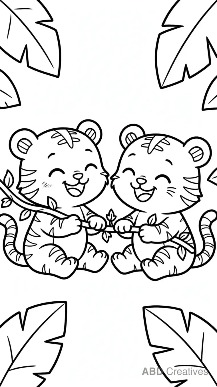 Tiger Cubs Tugging a Vine Coloring Page