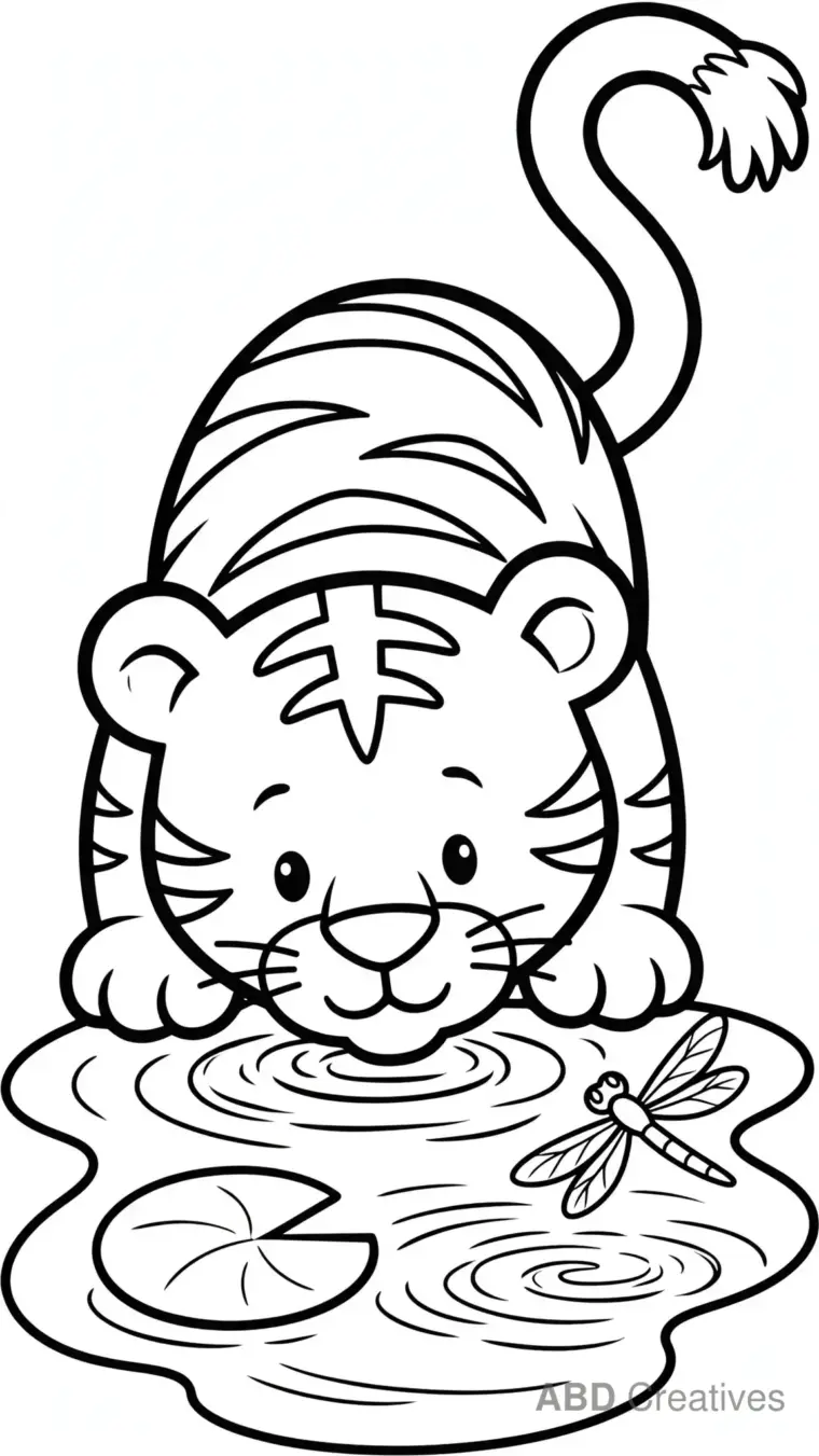 Tiger Drinking from a Pond Coloring Page