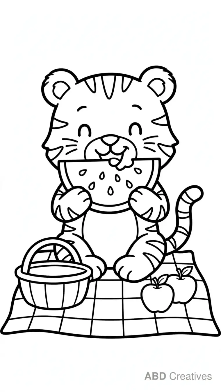 Tiger Eating a Watermelon Slice Coloring Page