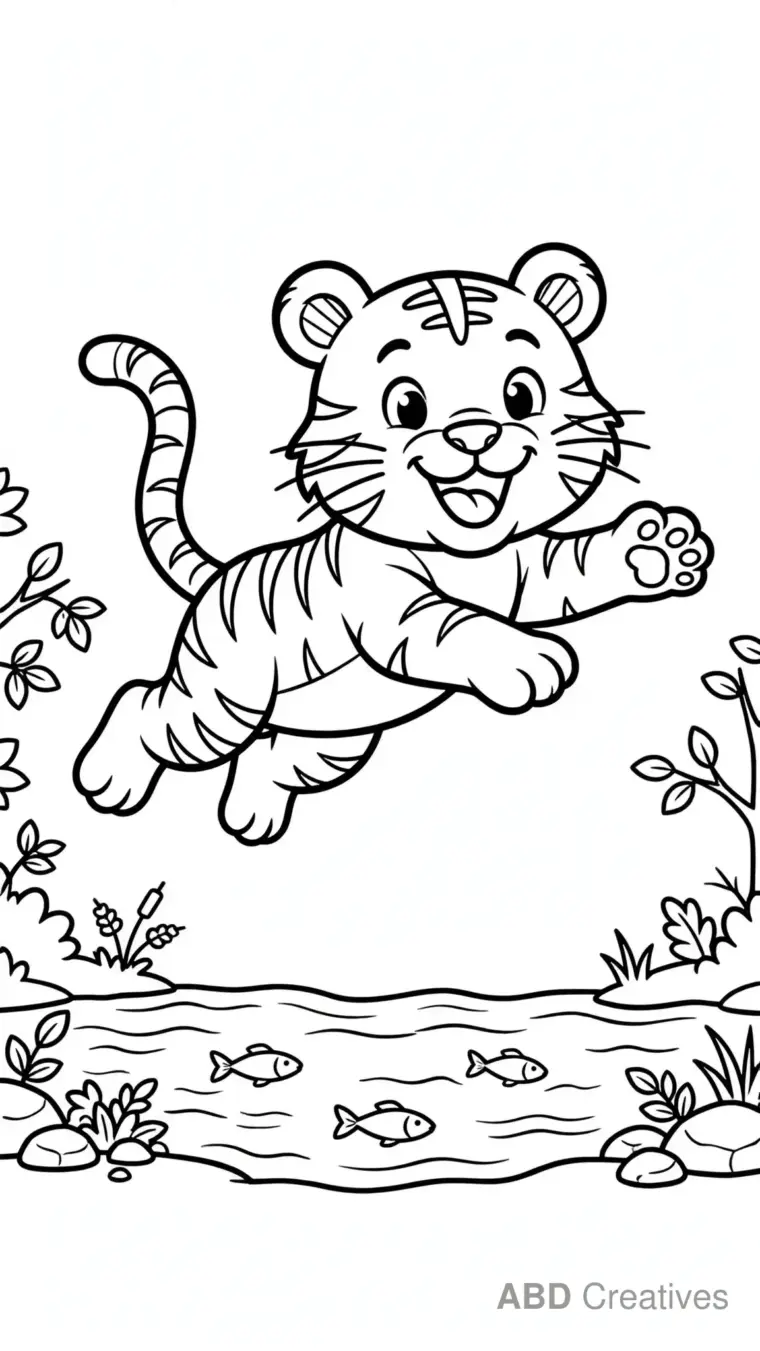 Tiger Jumping over a Stream Coloring Page