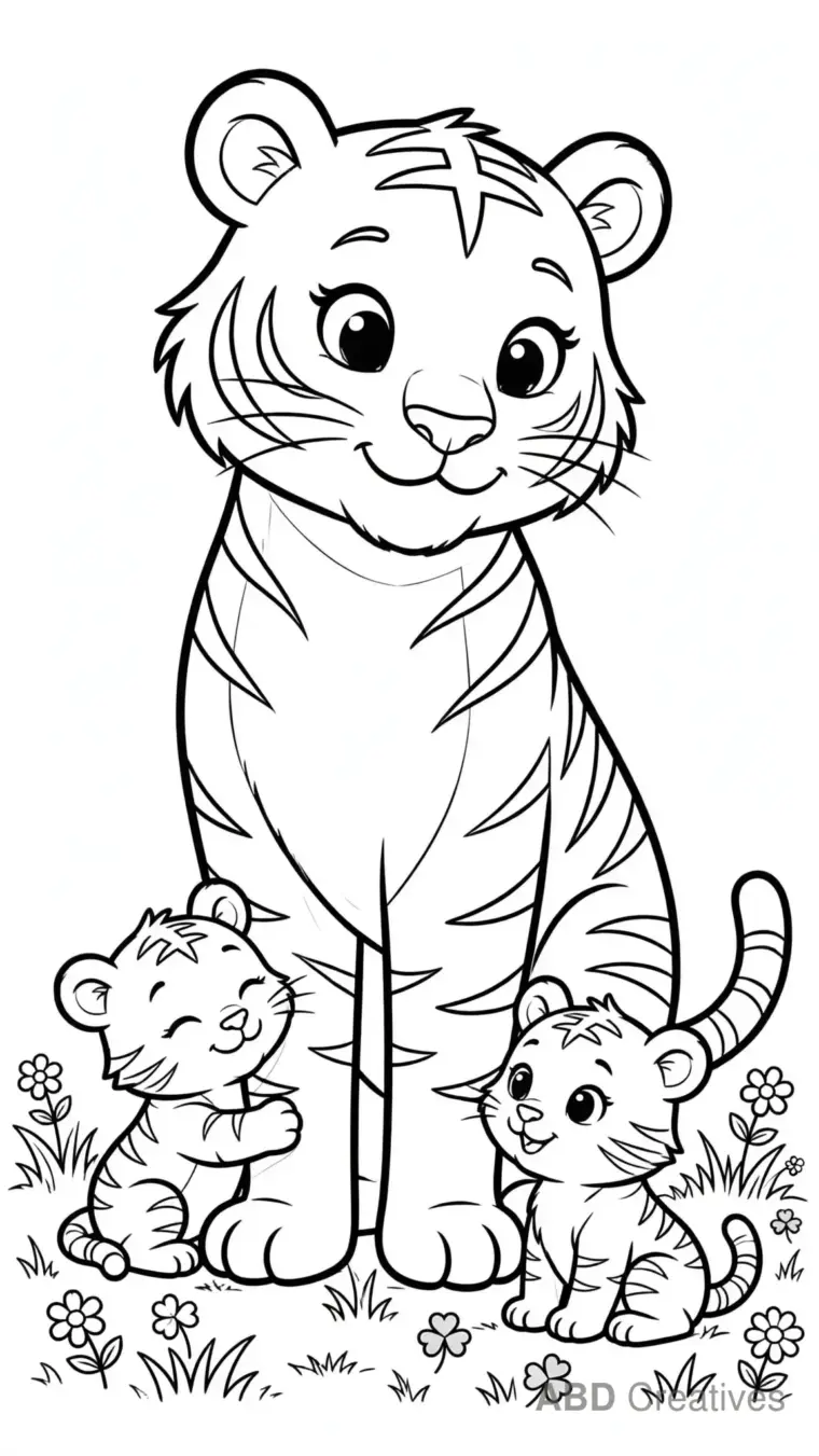 Tiger Mother with Two Cubs Coloring Page