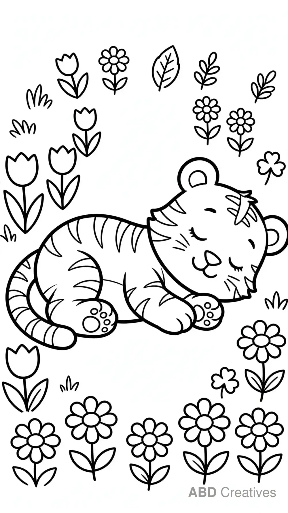 Tiger Napping in a Flower Garden Coloring Page