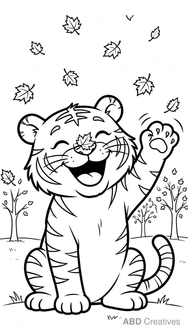 Tiger Playing with Falling Leaves Coloring Page