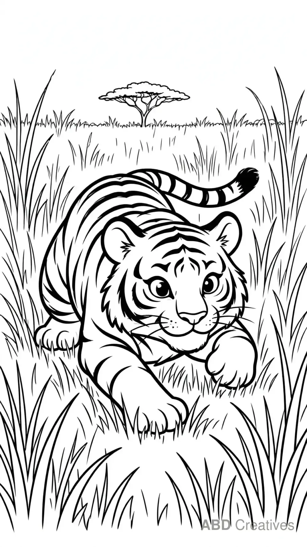 Tiger Prowling through Tall Grass Coloring Page