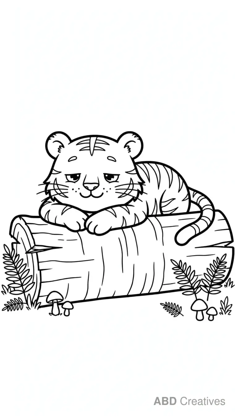 Tiger Resting on a Big Log Coloring Page