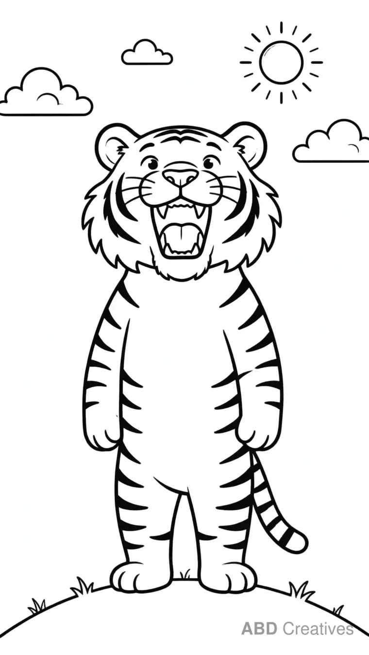 Tiger Roaring on a Hilltop Coloring Page