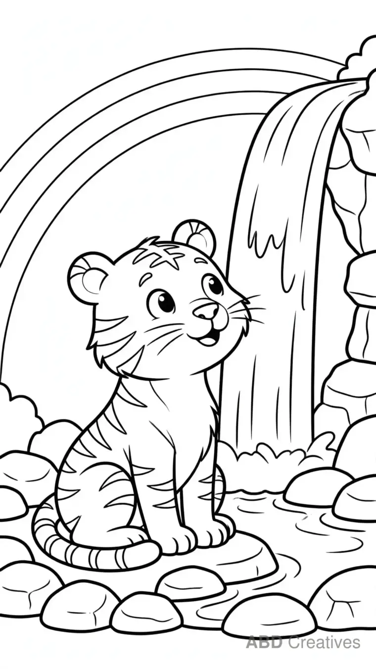 Tiger Sitting by a Waterfall Coloring Page