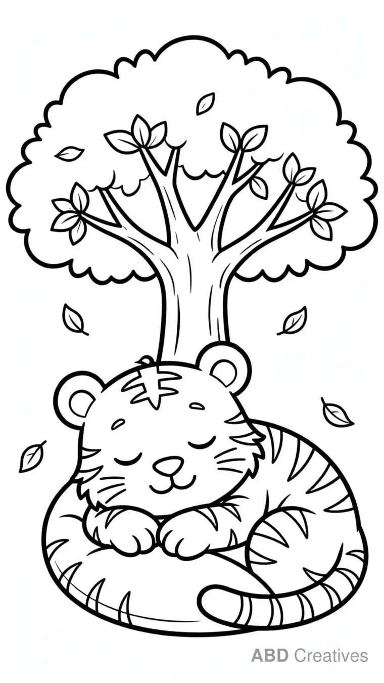 Tiger Sleeping under a Tree Coloring Page