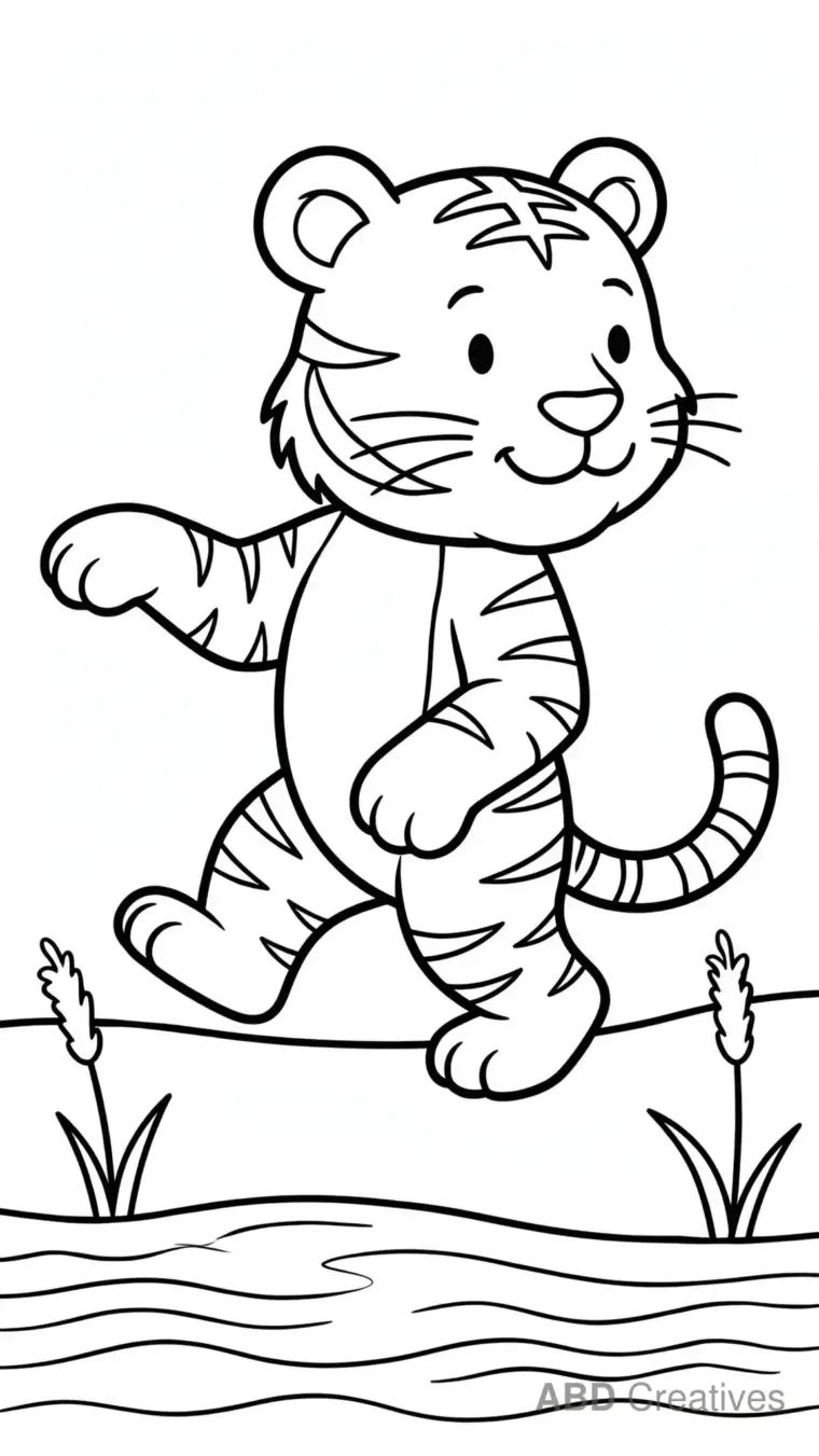 Tiger Walking along a River Coloring Page