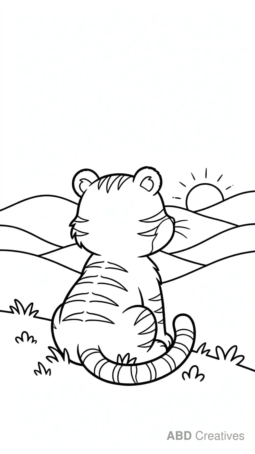 Tiger Watching a Sunset over Hills Coloring Page