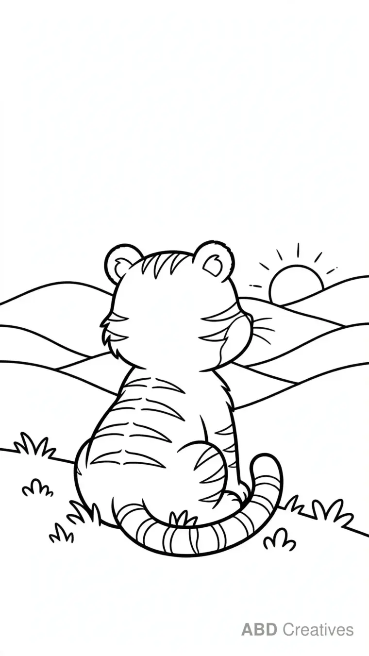 Tiger Watching a Sunset over Hills Coloring Page