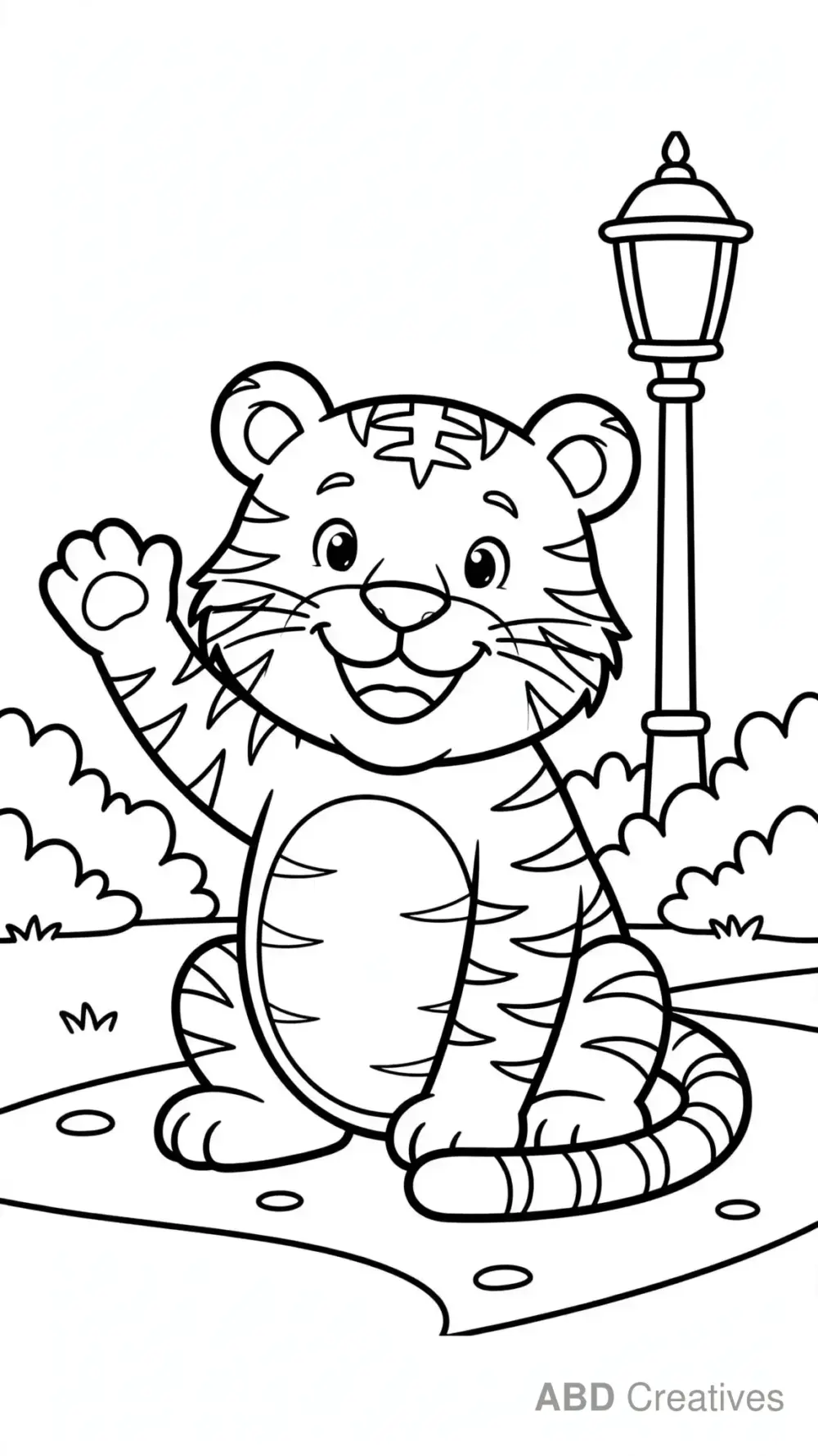 Tiger Waving a Paw Hello Coloring Page