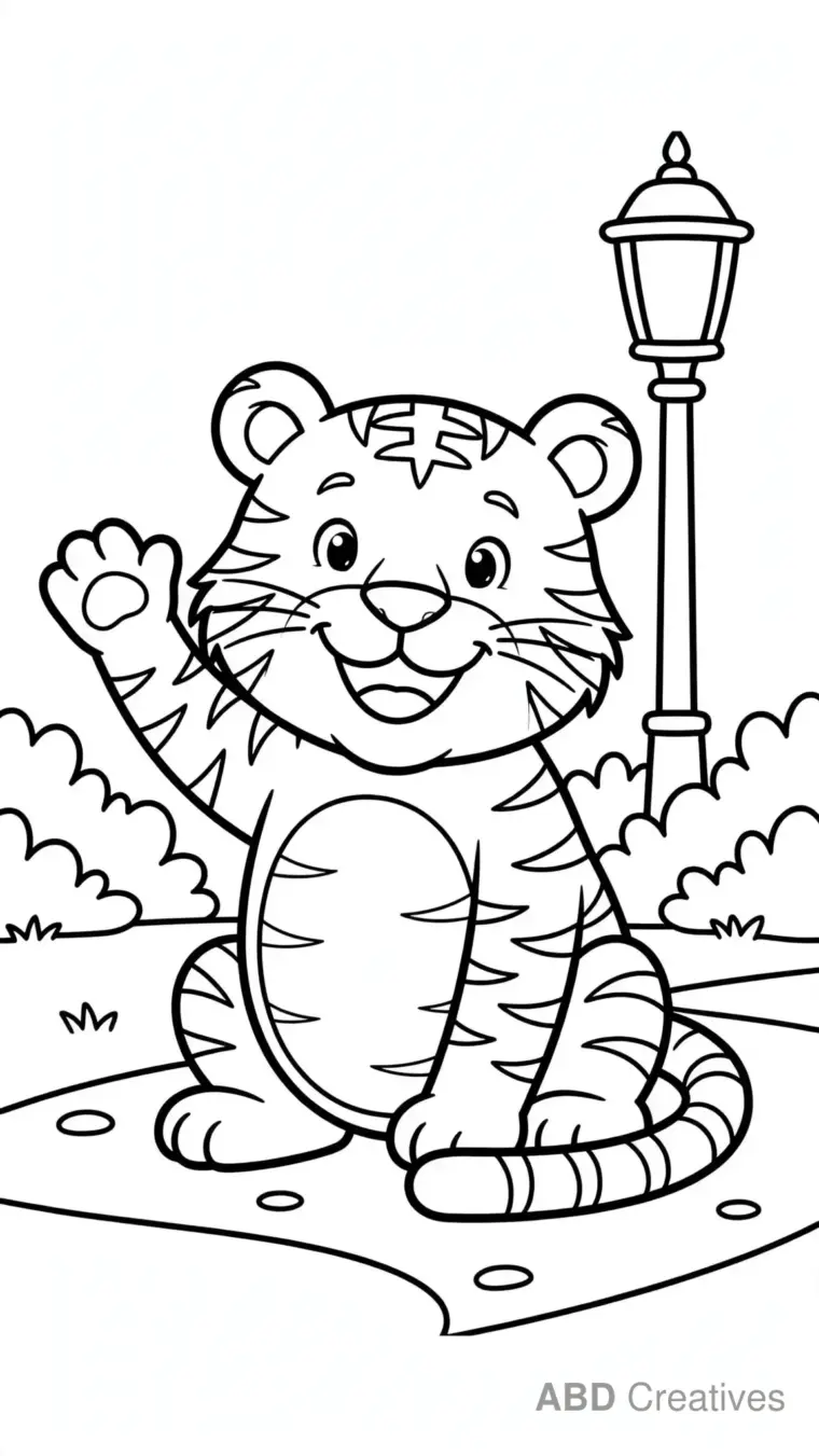 Tiger Waving a Paw Hello Coloring Page