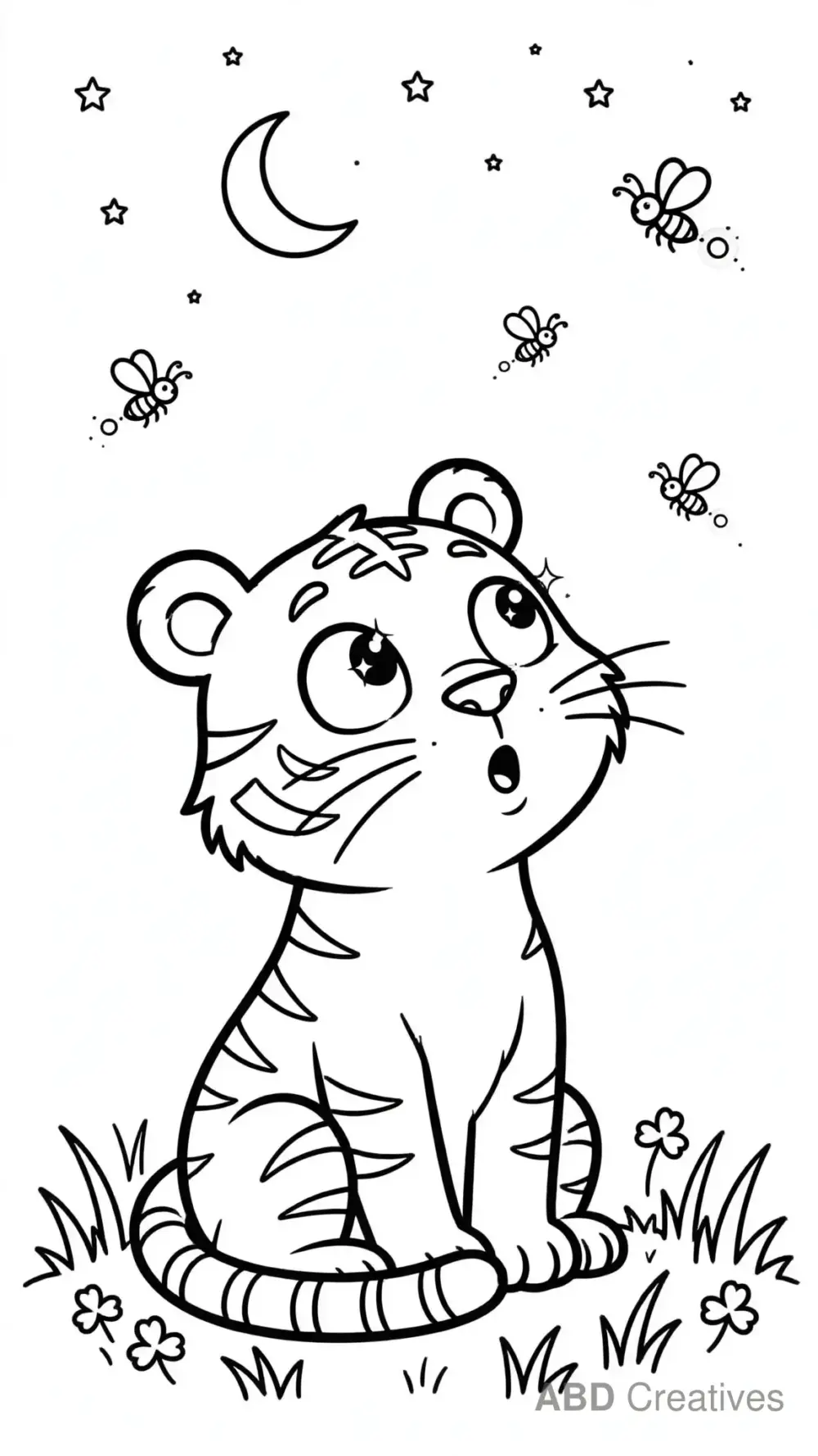 Tiger and Fireflies at Night Coloring Page