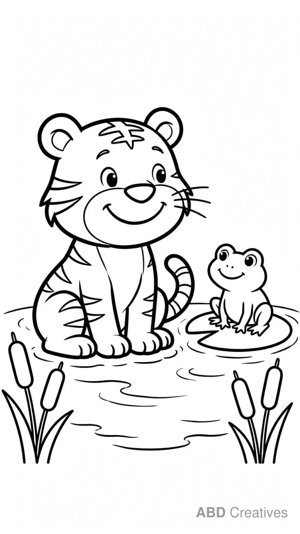 Tiger and a Frog by the Pond Coloring Page