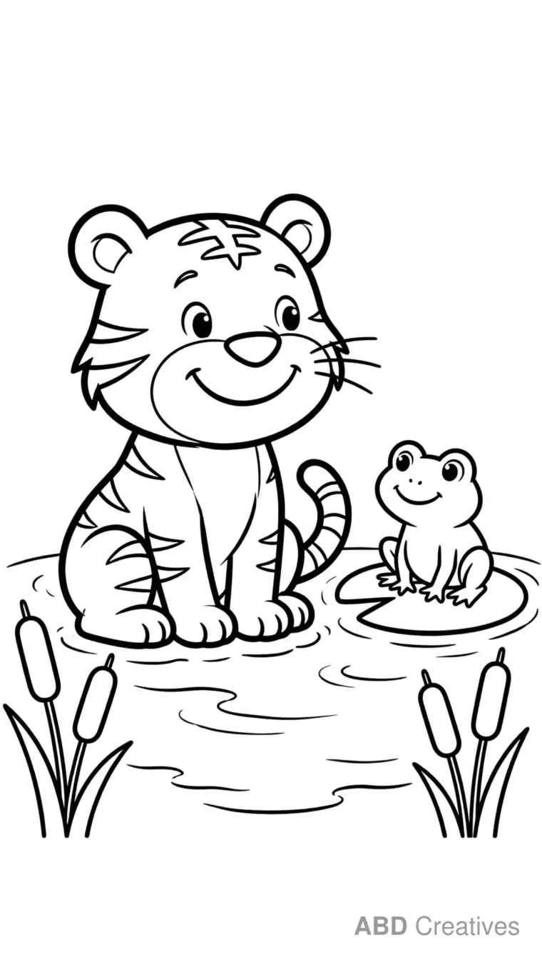Tiger and a Frog by the Pond Coloring Page
