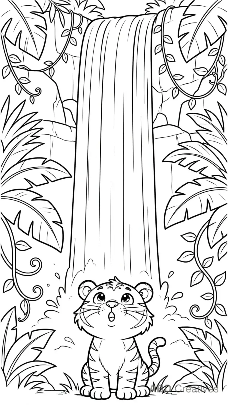 Tiger at a Jungle Waterfall Coloring Page
