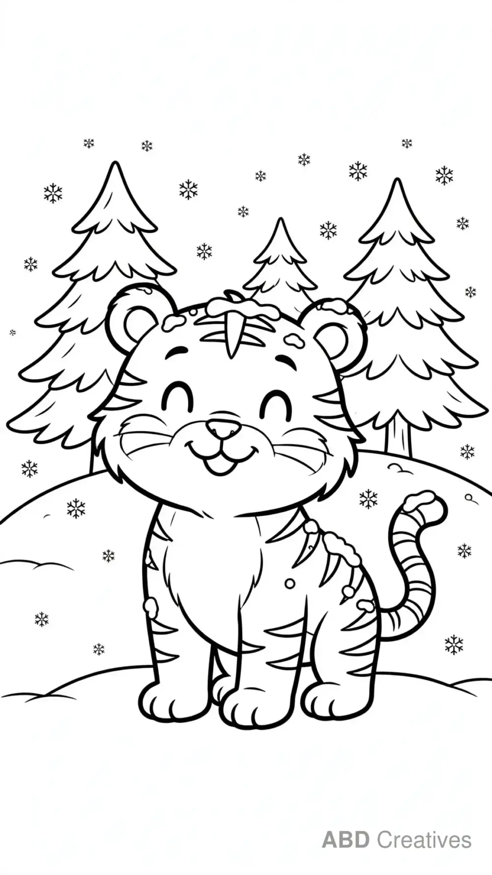 Tiger in the Snow with Pine Trees Coloring Page