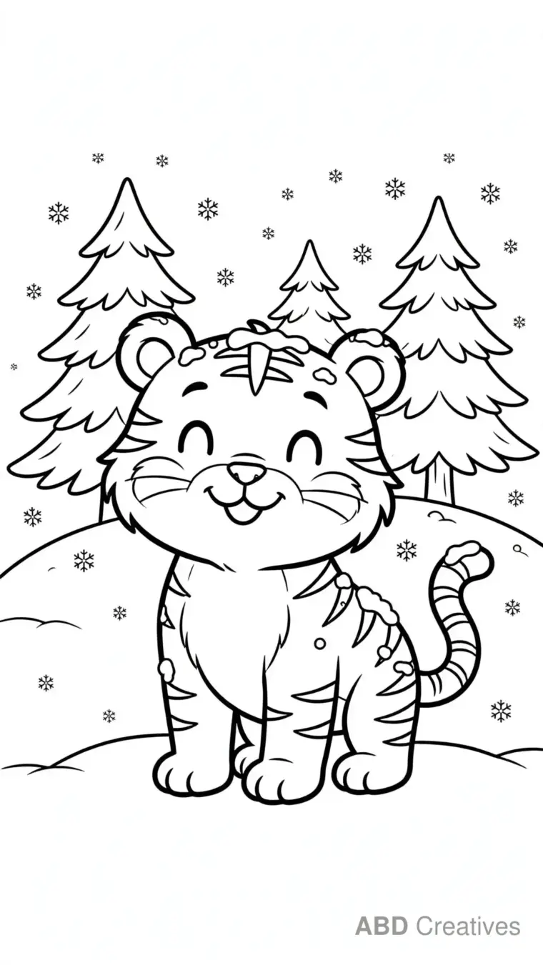 Tiger in the Snow with Pine Trees Coloring Page