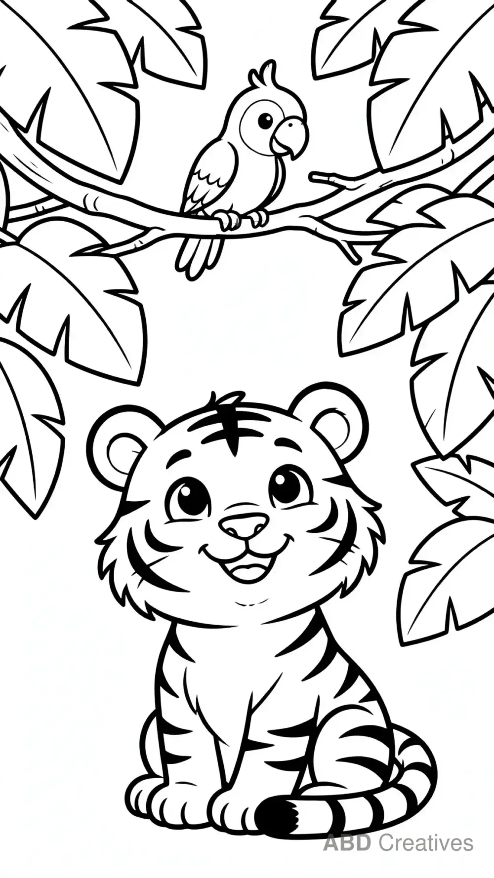 Tiger with a Parrot on a Branch Coloring Page