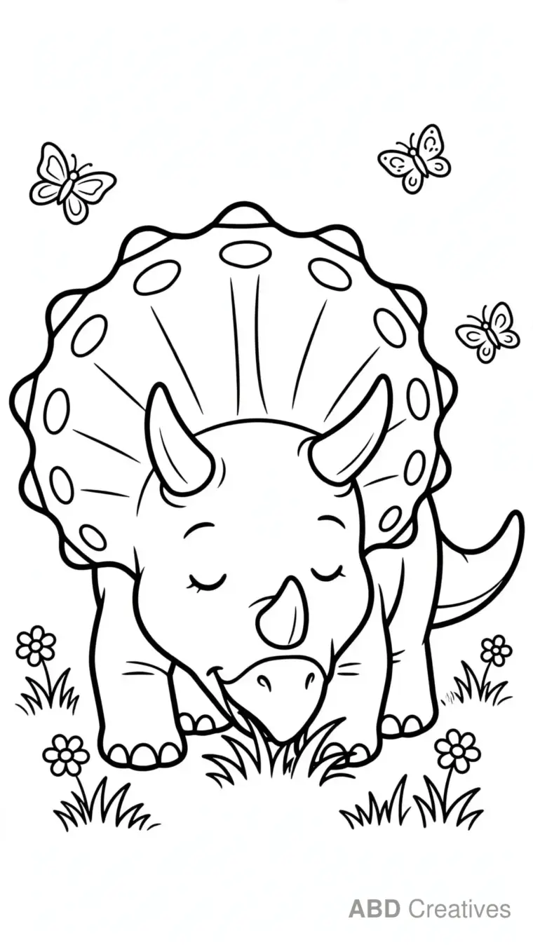 Triceratops Grazing in a Meadow Coloring Page
