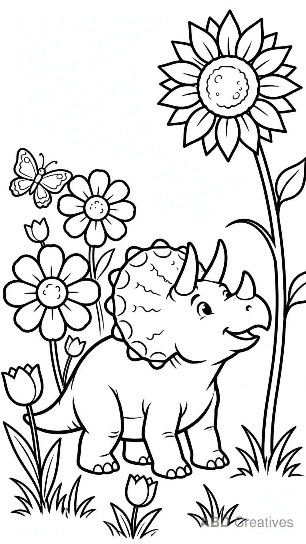 Triceratops in a Flower Garden Coloring Page