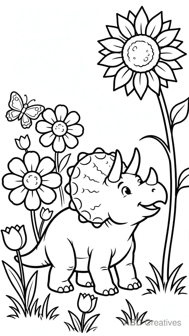 Triceratops in a Flower Garden Coloring Page