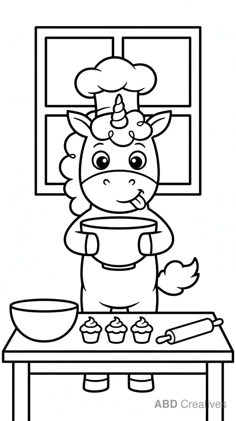 Unicorn Baking Cupcakes Coloring Page