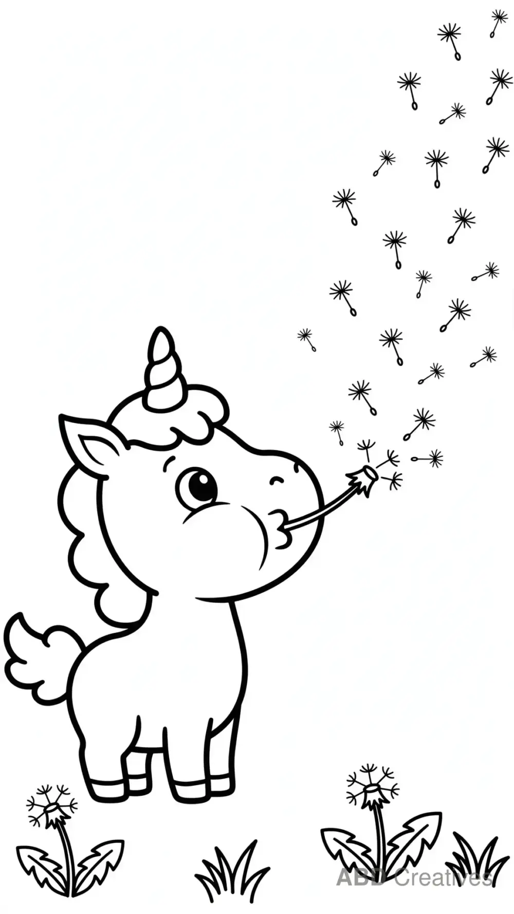 Unicorn Blowing Dandelion Seeds Coloring Page