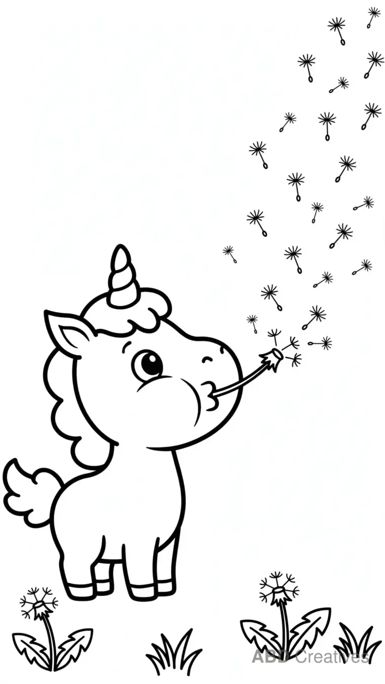 Unicorn Blowing Dandelion Seeds Coloring Page