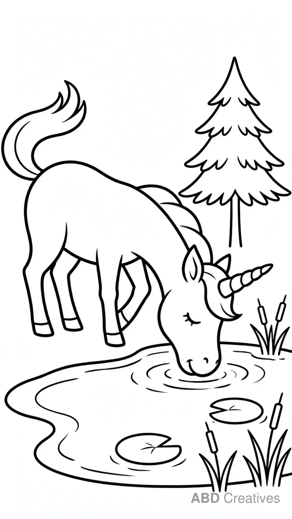 Unicorn Drinking at a Pond Coloring Page