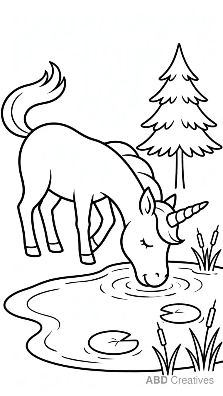 Unicorn Drinking at a Pond Coloring Page