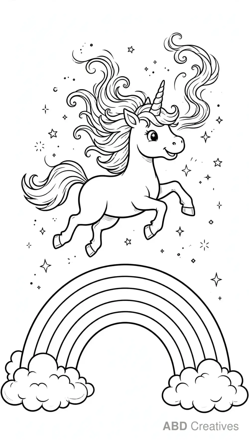 Unicorn Flying over a Rainbow Coloring Page
