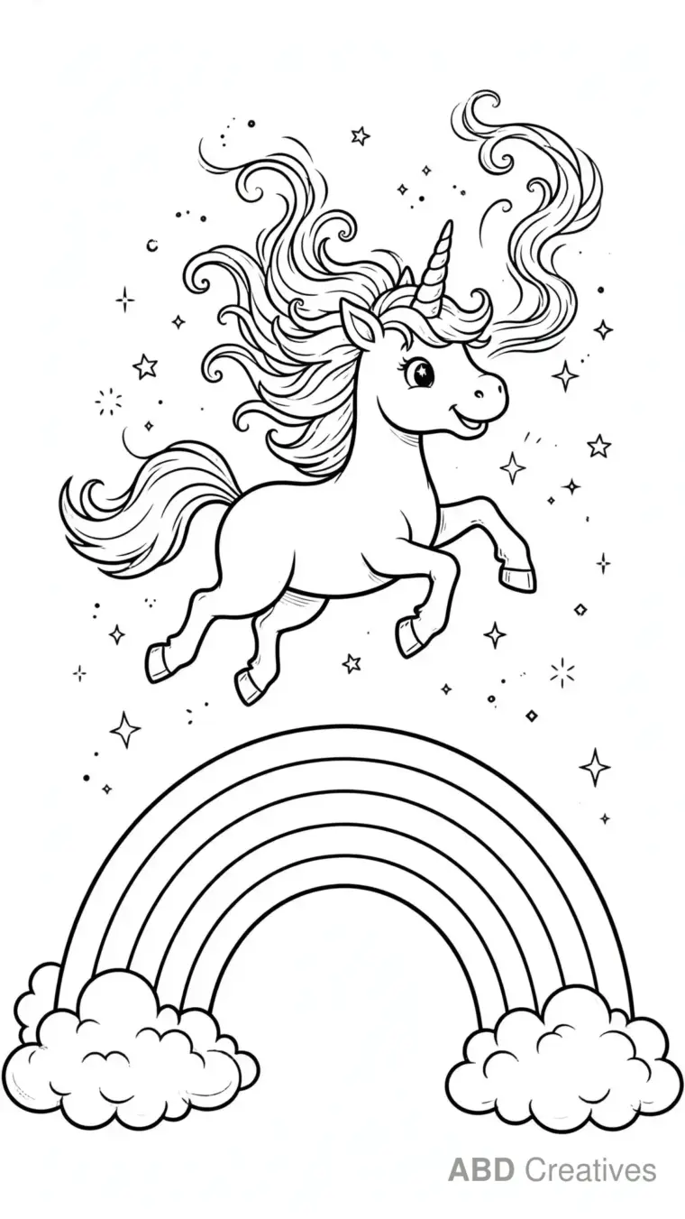 Unicorn Flying over a Rainbow Coloring Page