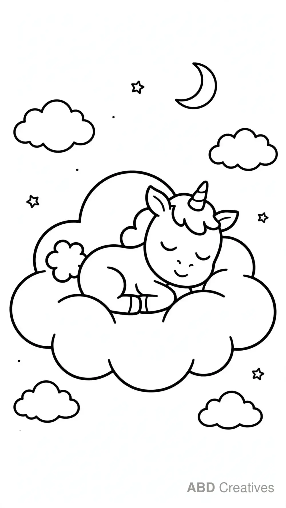 Unicorn Foal Sleeping on Clouds Coloring Page