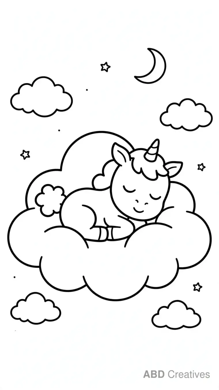 Unicorn Foal Sleeping on Clouds Coloring Page