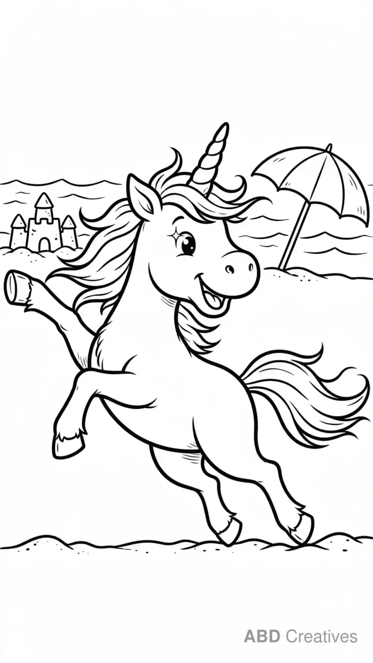 Unicorn Galloping on a Beach Coloring Page