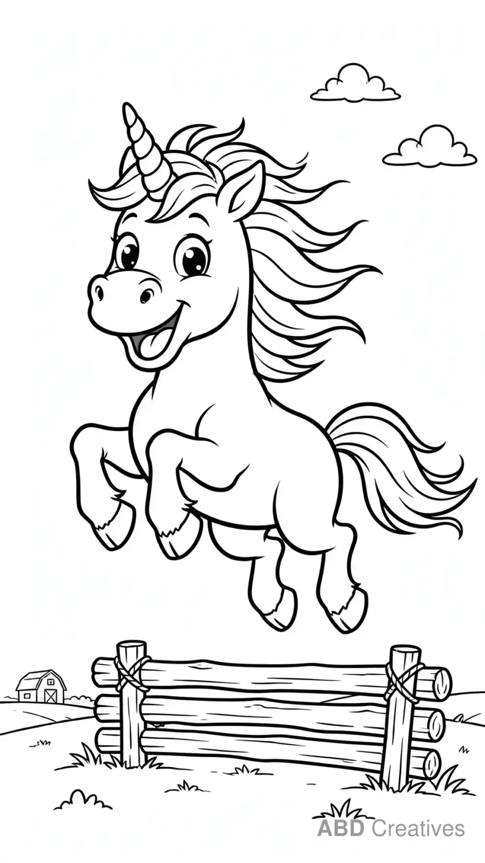 Unicorn Jumping over a Log Fence Coloring Page