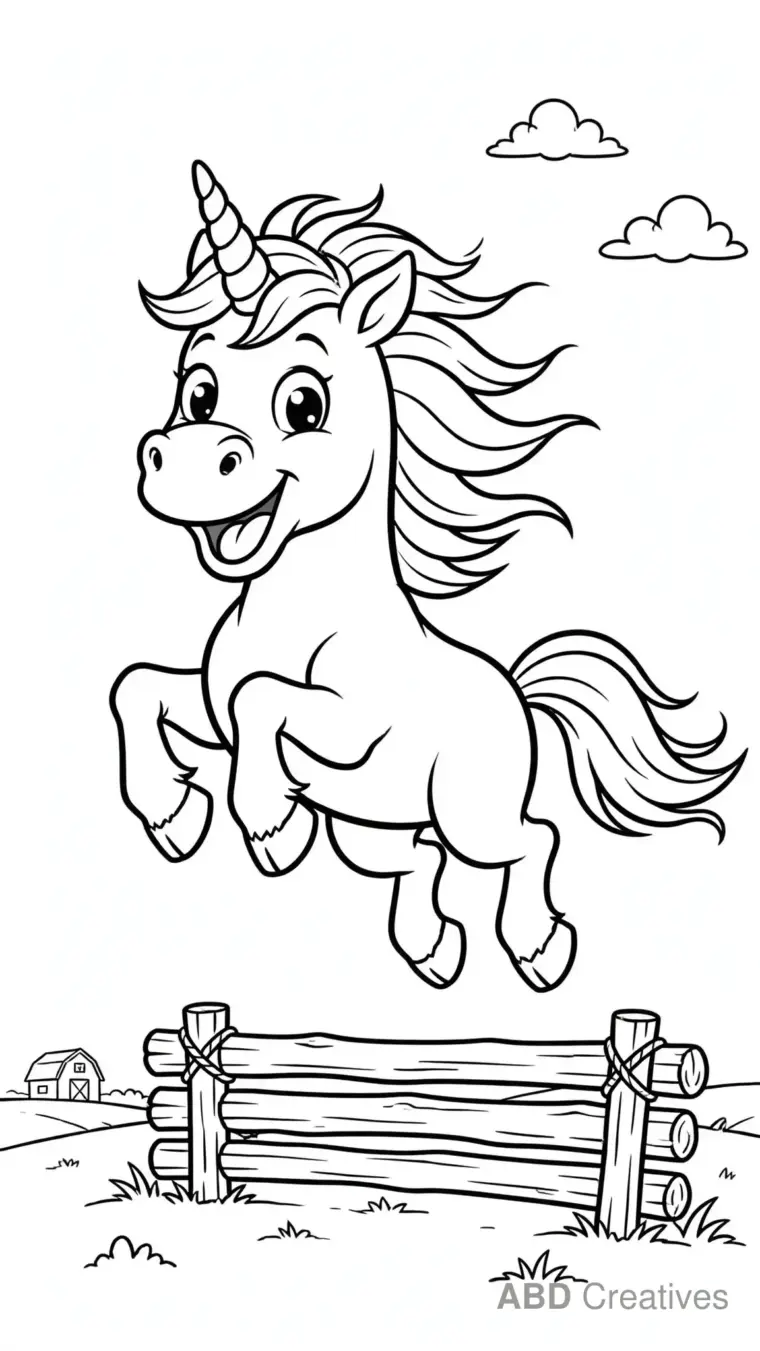 Unicorn Jumping over a Log Fence Coloring Page