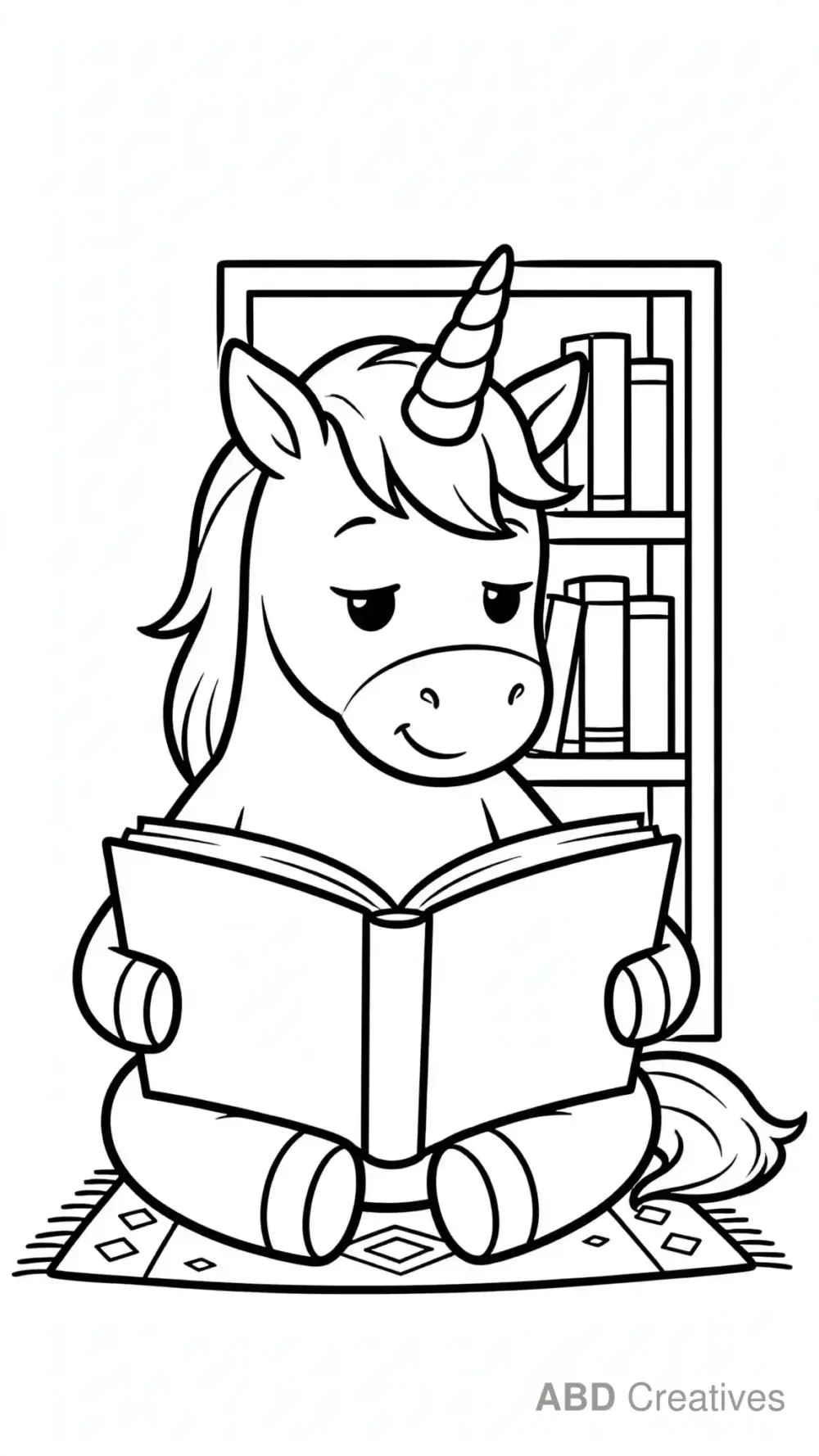 Unicorn Reading a Big Book Coloring Page