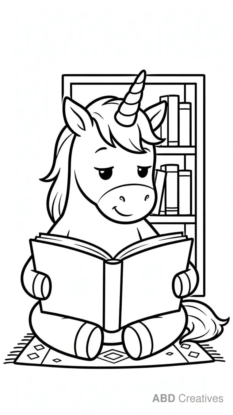 Unicorn Reading a Big Book Coloring Page