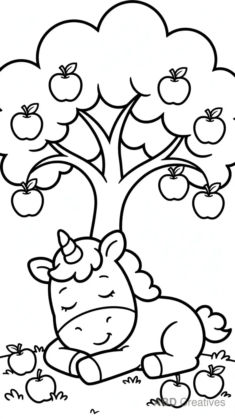Unicorn Resting under an Apple Tree Coloring Page