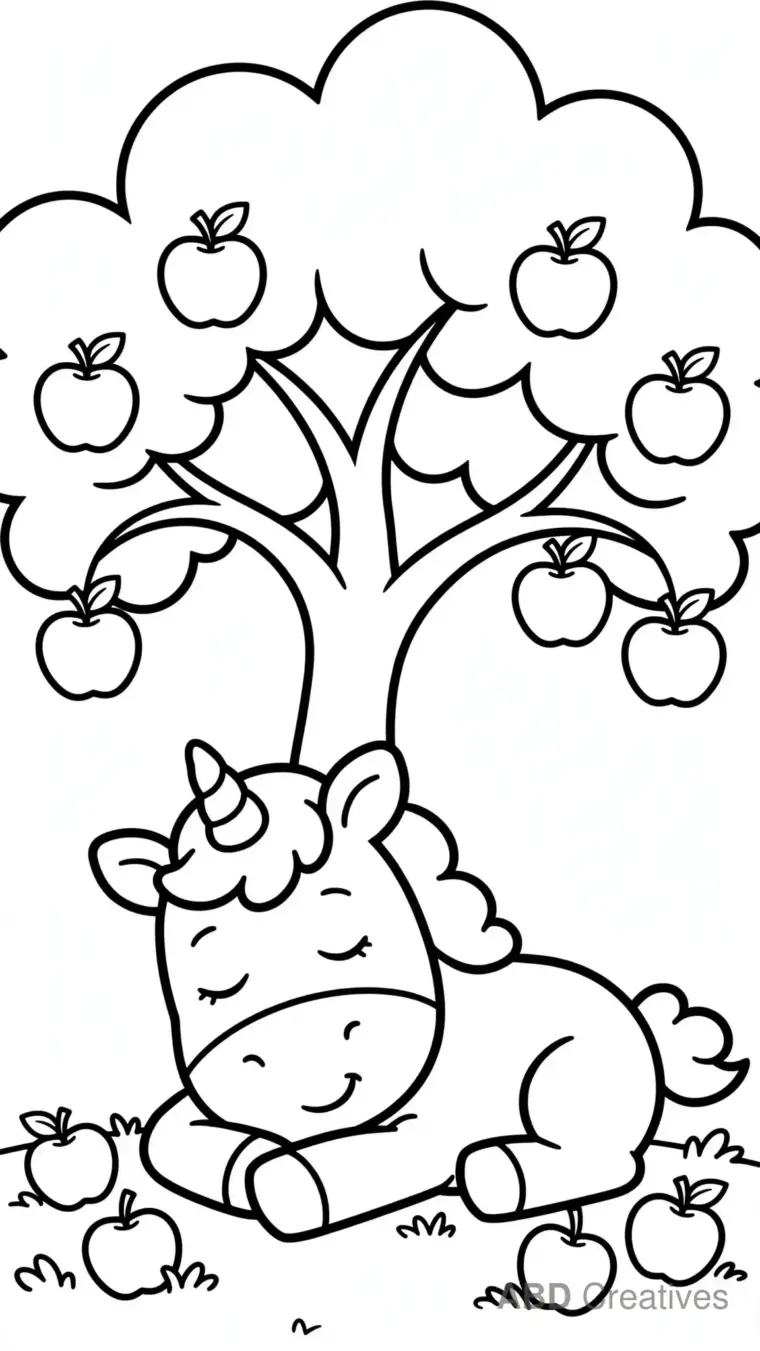 Unicorn Resting under an Apple Tree Coloring Page