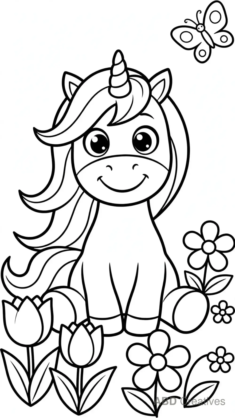 Unicorn Sitting among Flowers Coloring Page