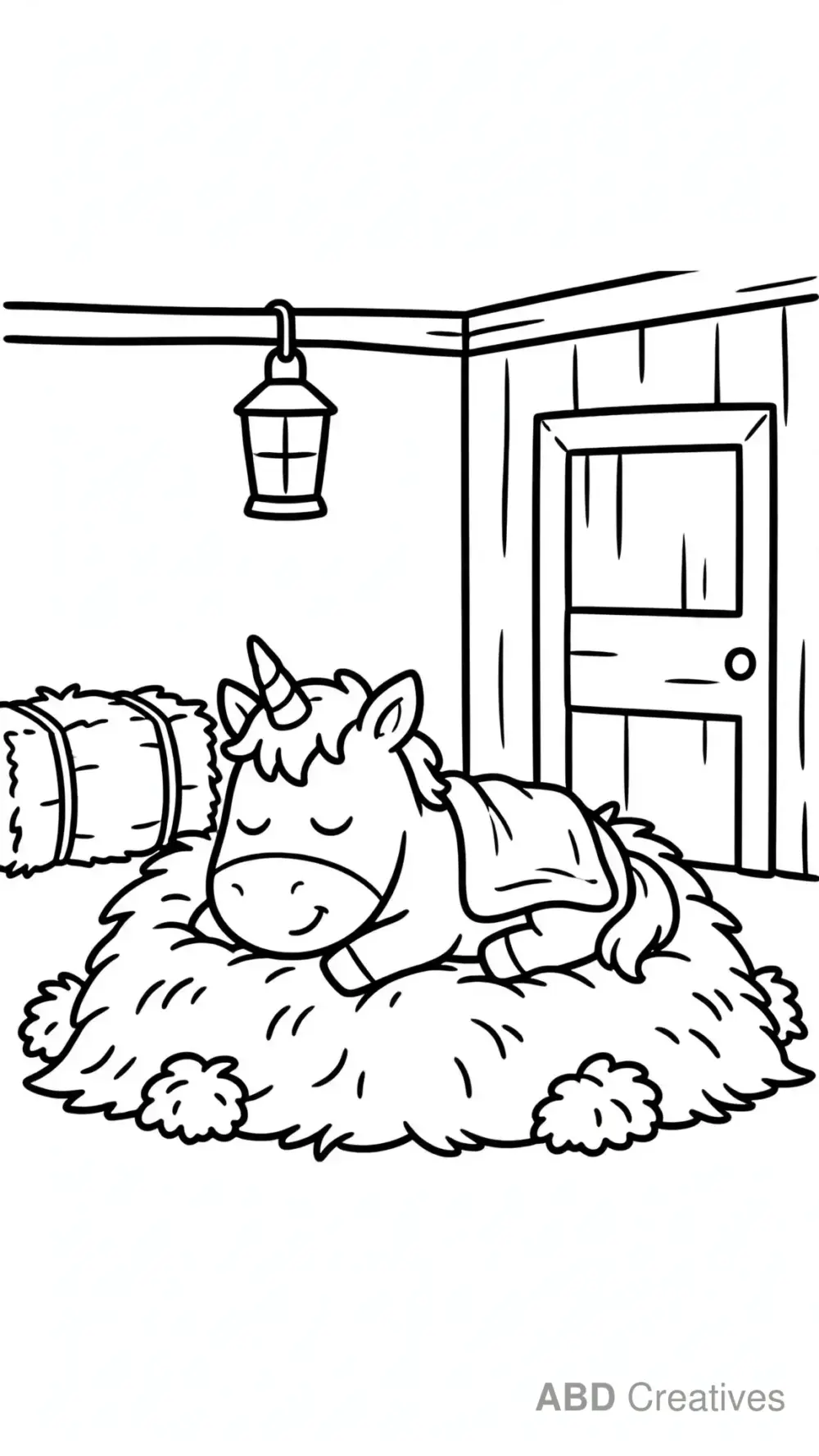 Unicorn Sleeping in a Cozy Stable Coloring Page