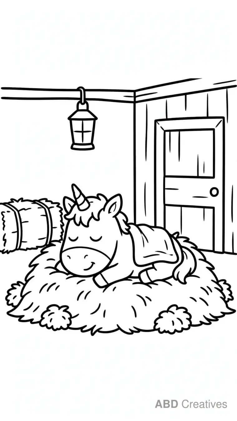 Unicorn Sleeping in a Cozy Stable Coloring Page