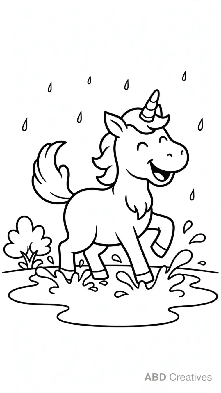 Unicorn Splashing in a Puddle Coloring Page