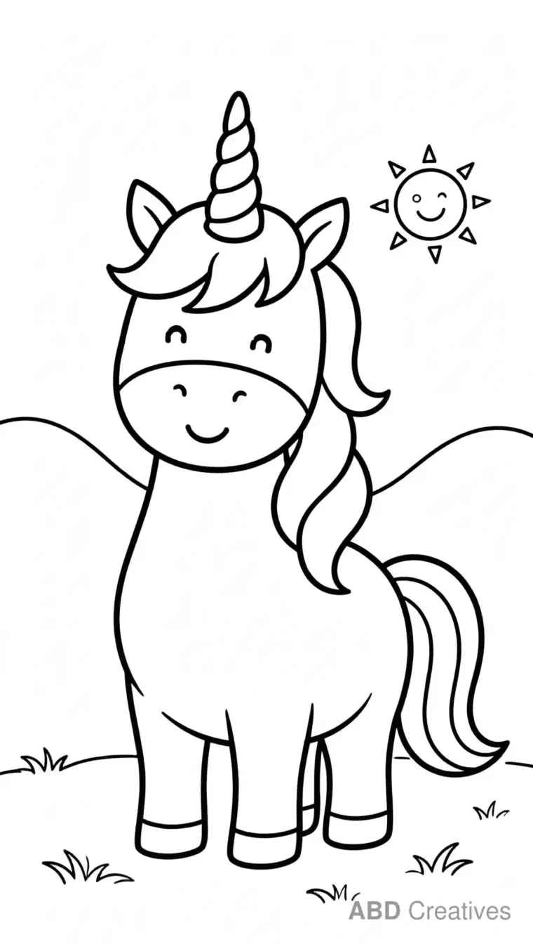 Unicorn Standing in a Meadow Coloring Page